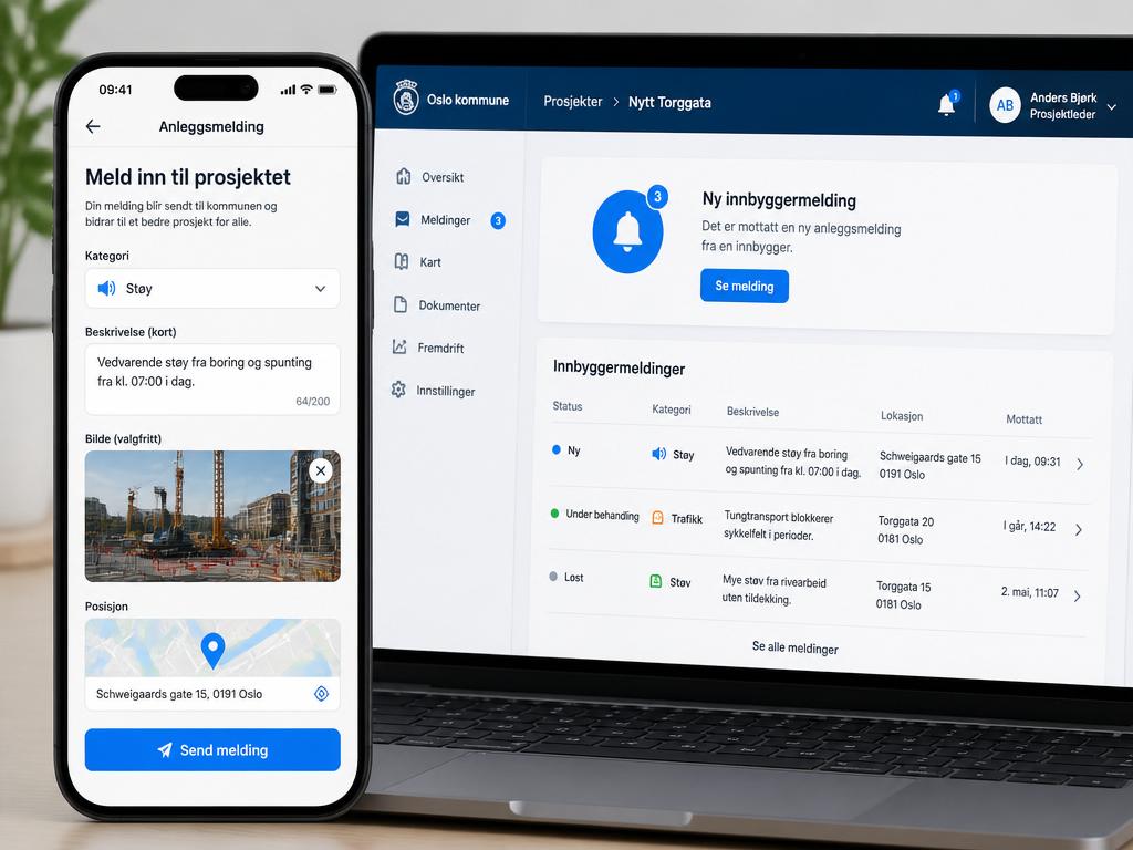 Innbygger sender anleggsmelding med bilde og GPS fra mobil, saksbehandler mottar varsel